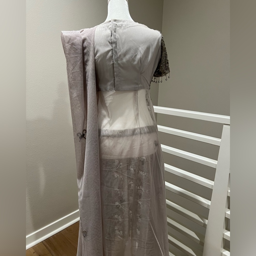 Lehenga - silver/gray, sequence & bead work, sheer skirt, solid satin pants, XS - Picture 3 of 9